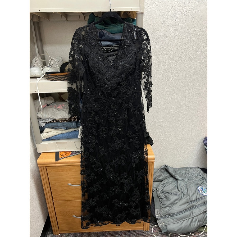 Montage by Mon Cheri Black Lace Beaded Long Sleeve Evening Gown Dress Size 10